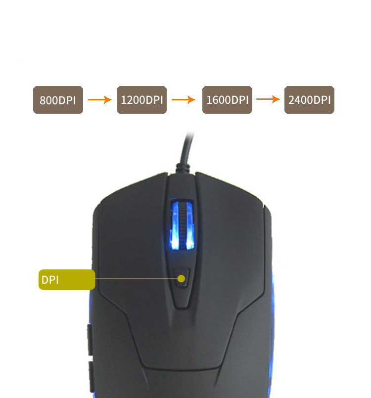 Optische USB C Gaming Maus mit Kabel 2400 DPI mit 6 Tasten   Beleuchtung (MacOS/Windows) - Schwarz