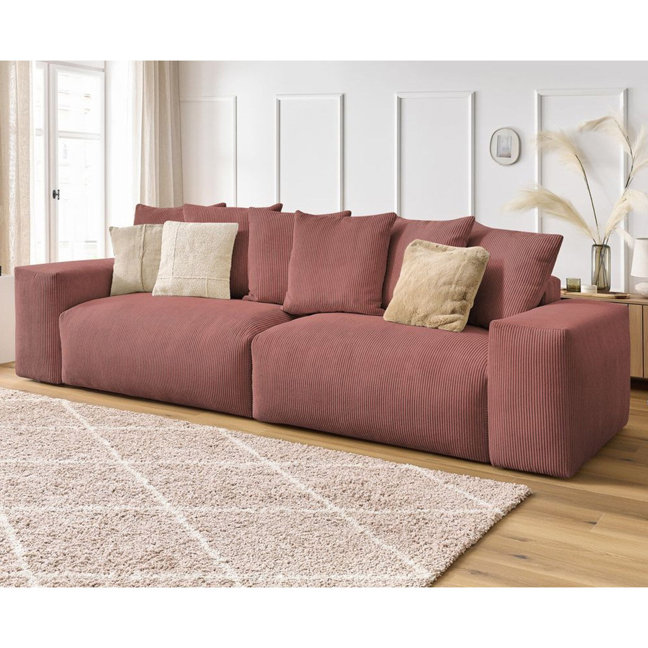 Bobochic Canapé 4 places moelleux voltaire velours côtelé rose - 320x124x75 cm