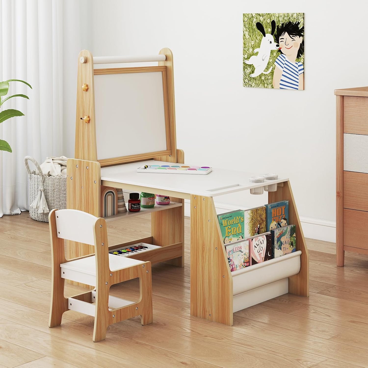 COSTWAY Kindertisch mit Stuhl & Staffelei, Kindersitzgruppe Holz mit Whiteboard & Kreidetafel & Bücherregal, Maltisch inkl. Papierrolle & Zubehör, 3 in 1 Sitzgruppe für Kinder ab 3 Jahren (Natur)