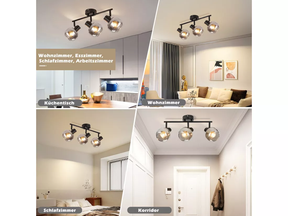 NETTLIFE Plafonnier spot de plafond noir 3 ampoules modernes verre plafonnier orientable à 350° spot E14