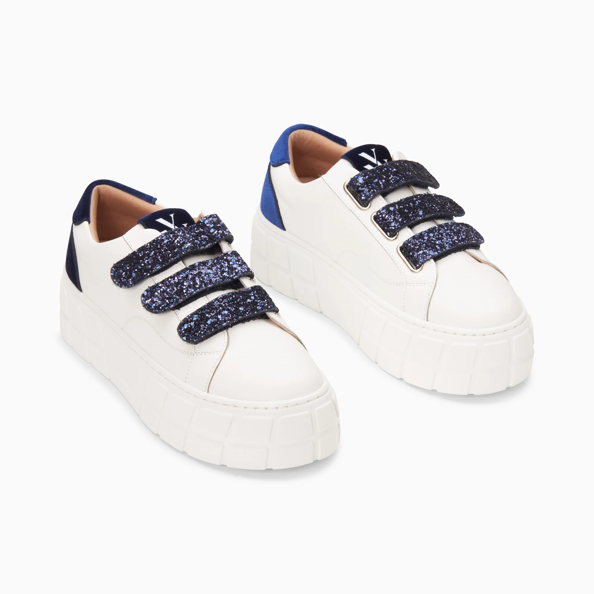 Sneakers-Baskets Monica blanc et bleu marine à scratchs glitter et plateforme