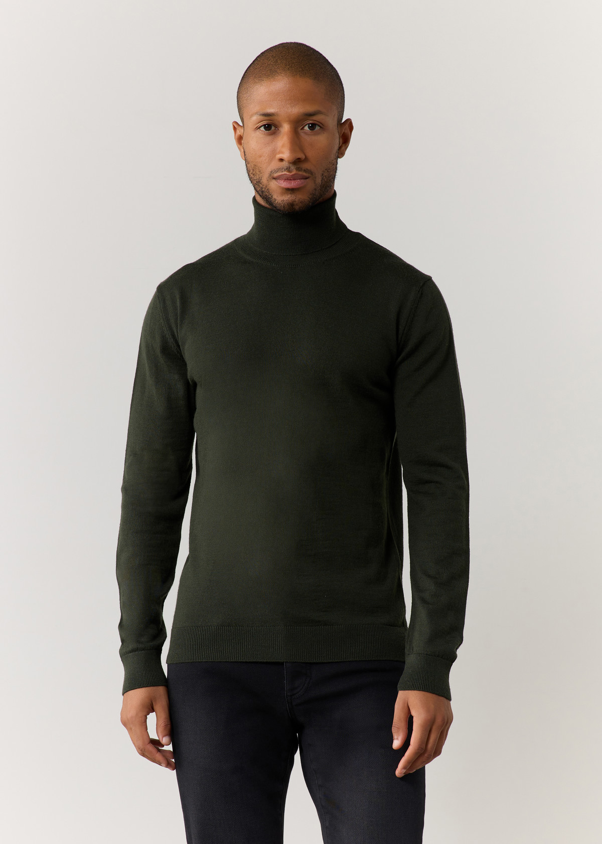 Pull col roulé en laine Mérinos mélangée unie kaki