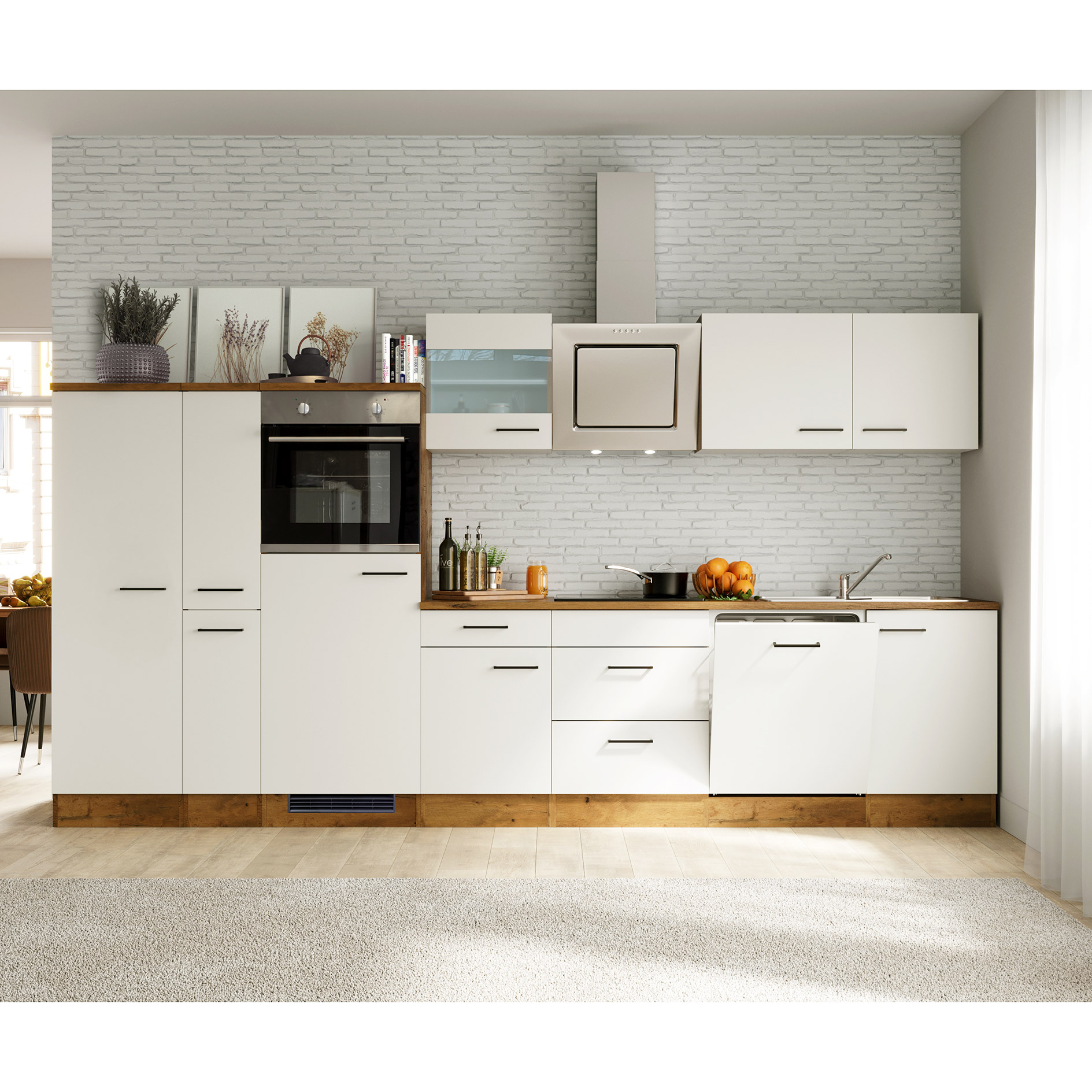 Küchenblock VINTEA - Magnolia matt - Lancelot Oak - mit E-Geräten - 360 cm