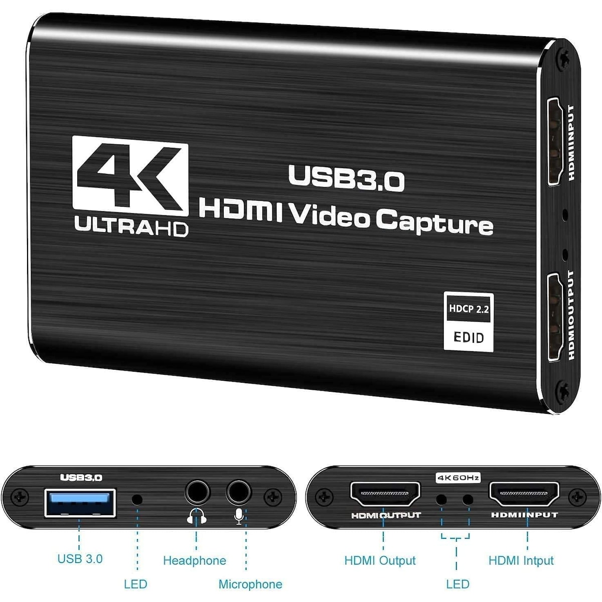 NÖRDIC Videoopptaksadapter USB3.0 HDMI-utgang 4K 60Hz HDMI med sløyfemikrofon og lydutgang HDMI-signalsløyfeutgang