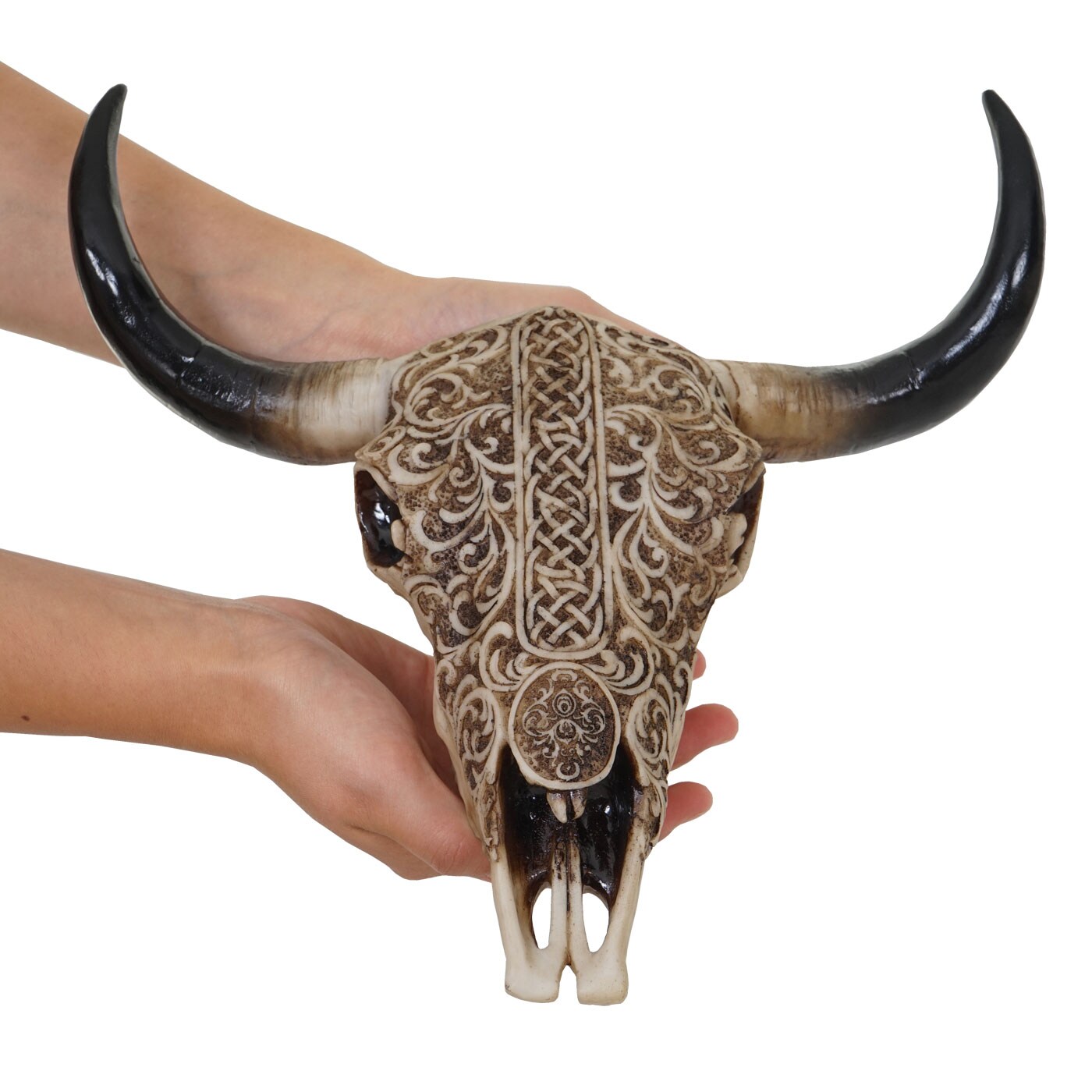 Deko Schädel 31cm MCW-C15, Polyresin Stier Bulle Longhorn Kopf Trophäe mit Tribal, In-/Outdoor