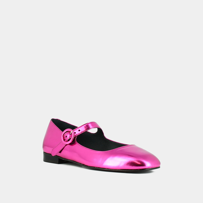 Ballerines à bouts carrés  en cuir metallisé fushia