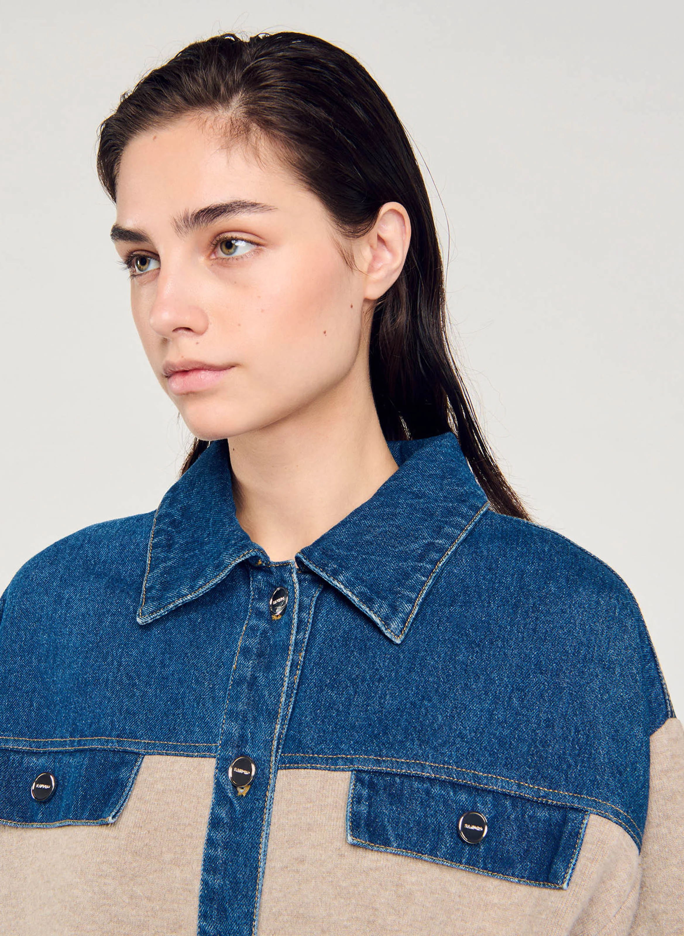 Cardicoat ample en maille et jean | Beige