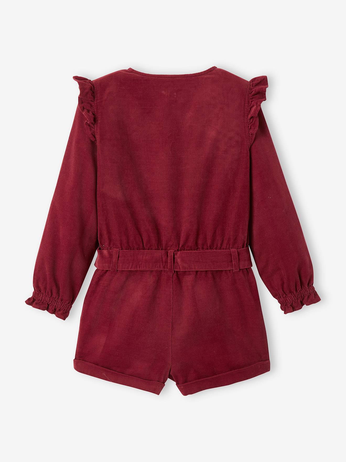 Macacão curto de veludo com babados, para meninas, vermelho escuro liso