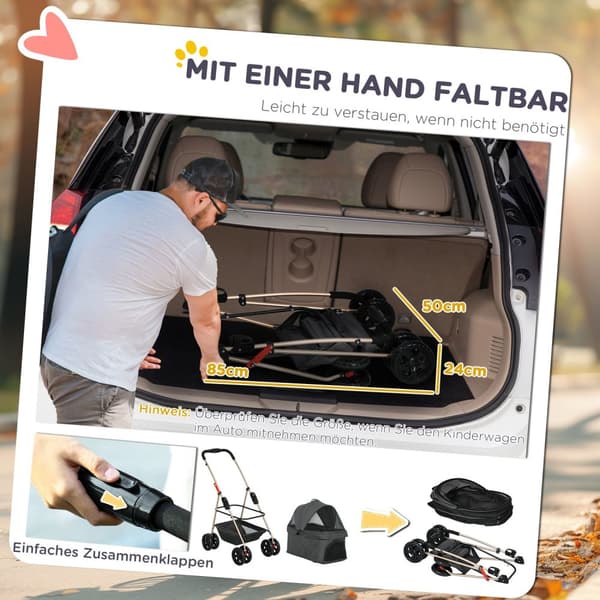 Hundevogn 3 i 1 hundevogn sammenleggbar hundeboks, sammenleggbar transportpose med drikkeholder, hundevogn, kattevogn med 360° hjul kattevogn for mini