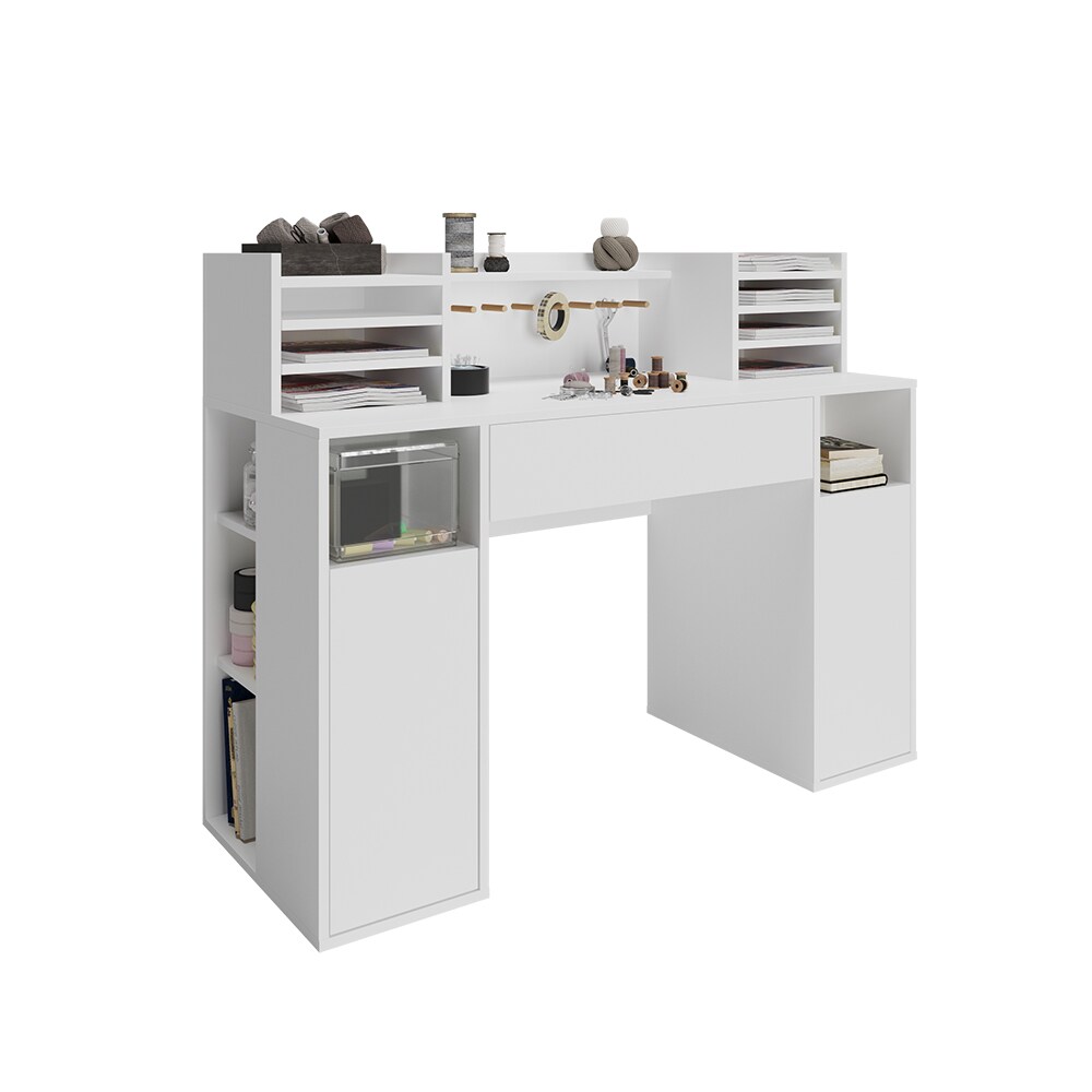 Vicco Schreibtisch Basteltisch XL 126,8 x 100 cm, Weiß mit Regale, Schubfach