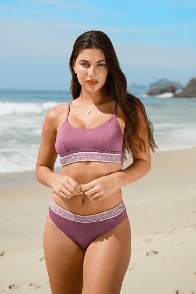 Bikini taille hipster à nouer en lurex violet