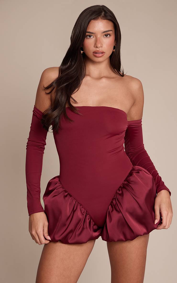 Rouge Vin Combinaison Bandeau À Manches Longues Bouffantes Avec Détail Boule