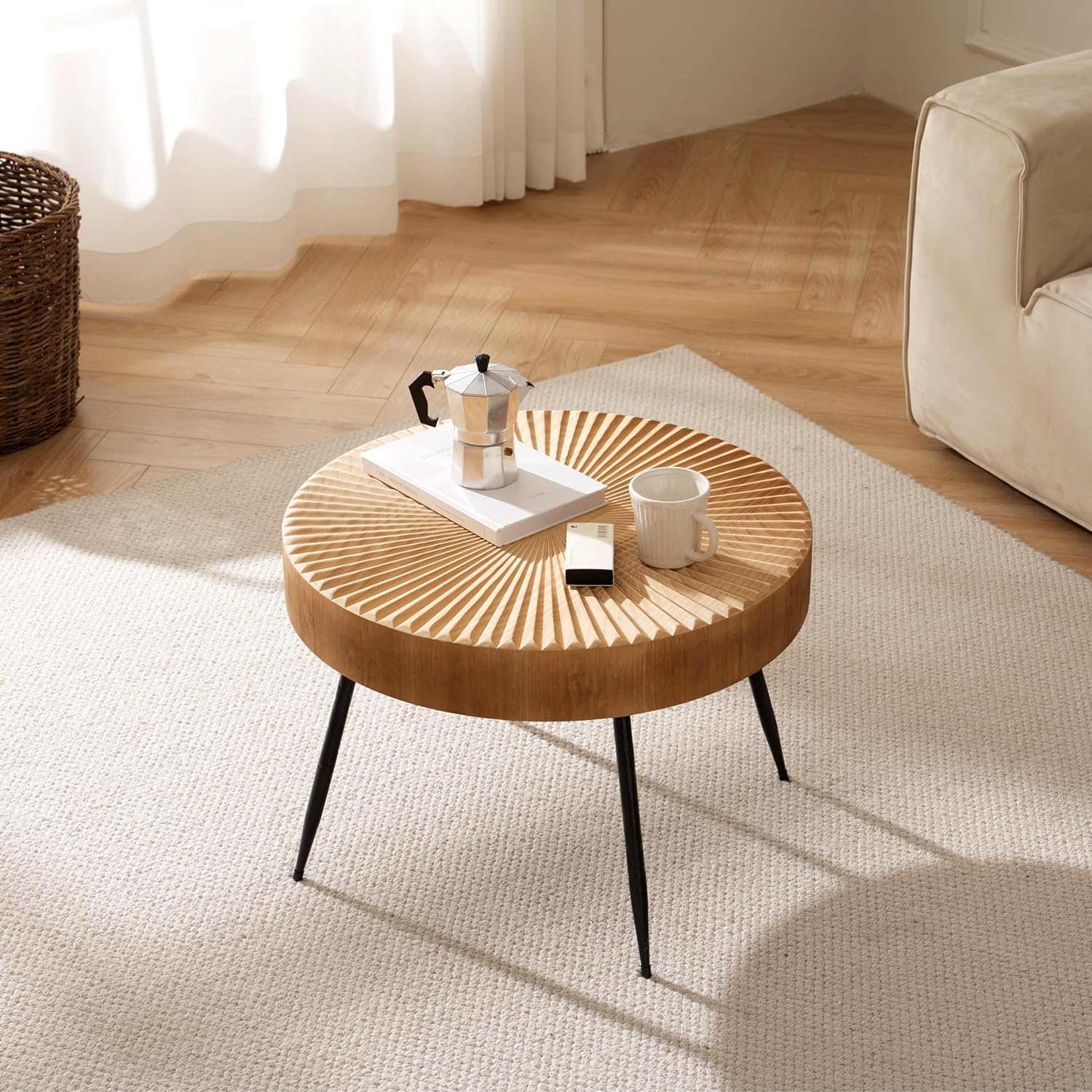 Couchtisch Rund, Runder Wohnzimmertisch aus Holz mit linearem Design, Beistelltisch mit schwarzen Metallbeinen, Modern Farmhouse Möbel im Wohnzimmer, Hellbraun Coffee Table ø60×42cm