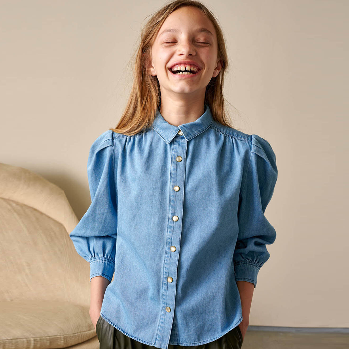Bellerose Chemise Avatar fluide épaules bouffantes bleue