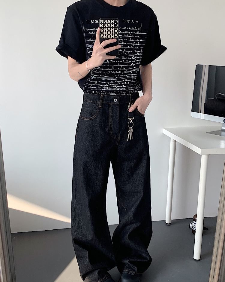 Omozando - Mid Rise Lettering Geborduurde Wijde Jeans