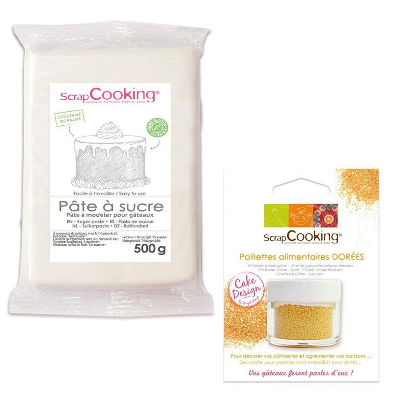 Pâte à sucre blanche 500 g + paillettes dorées Scrapcooking