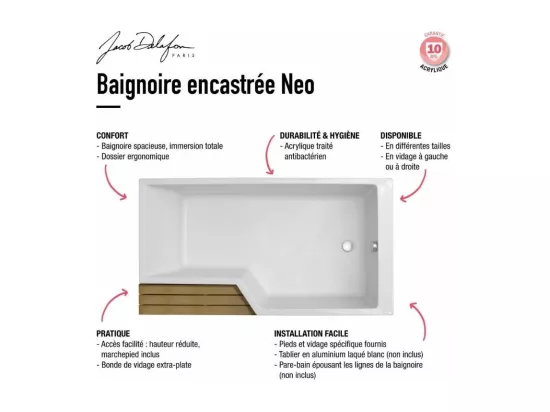 Baignoire bain douche 150 x 80 cm JACOB DELAFON Neo blanc brillant gauche