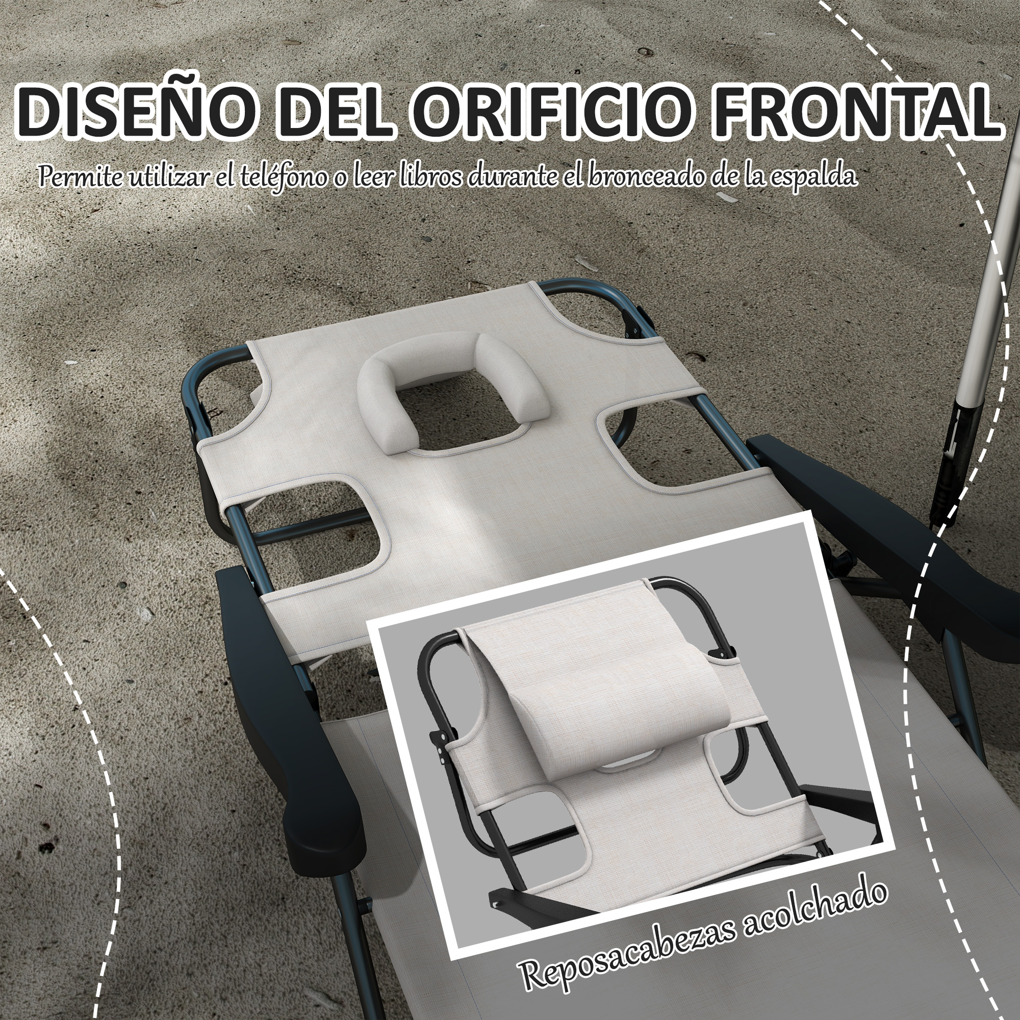 Espreguiçadeira dobrável Outsunny para jardim, com encosto ajustável em 4 níveis, orifício para leitura e apoio de cabeça, ideal para pátio ou piscina, 194 x 72 x 31 cm, cor creme.