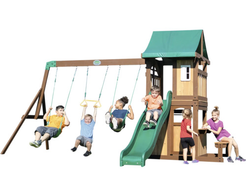 Backyard DISCOVERY Lakewood speeltoren, 340 x 430 cm, bruin hout, bestaande uit schommel en glijbaan