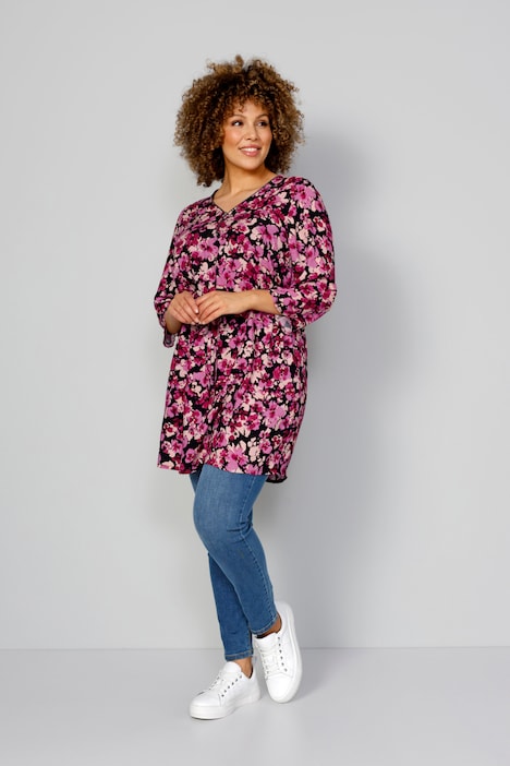 Tunika, Blumenmuster, V-Ausschnitt mit Zipper