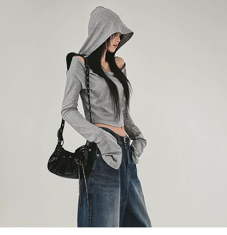 Bababy - Lange mouwen off-shoulder crop top met capuchon