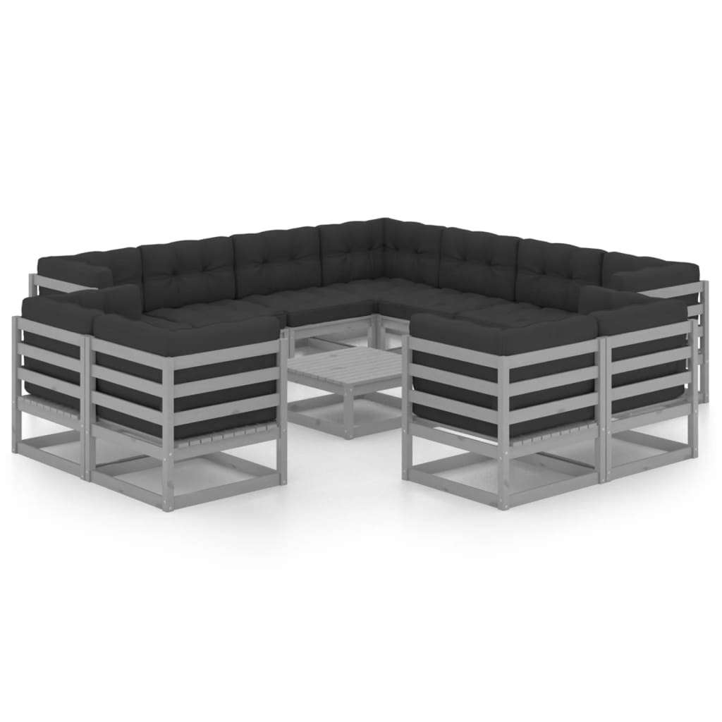 Salon de jardin meuble d'extérieur ensemble de mobilier 12 pièces avec coussins gris bois de pin massif