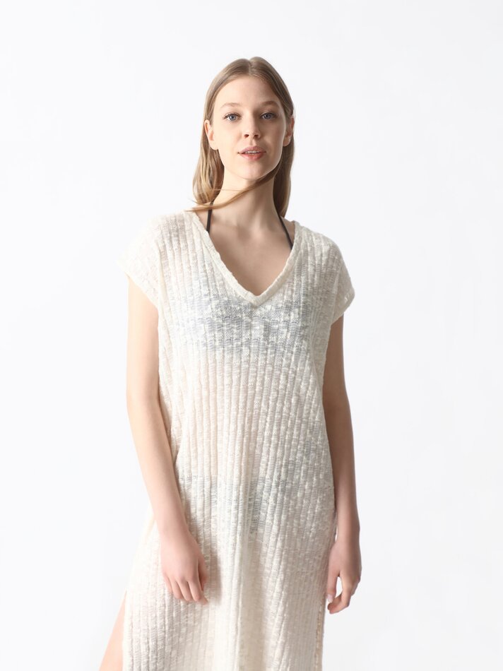 Vestido midi rústico - Branco-creme