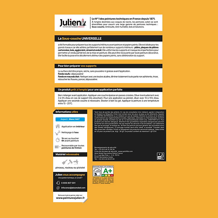 Sous-couche Universelle pour Platre, Aggloméré, Ciment et Enduit Julien Mat Blanc 10L