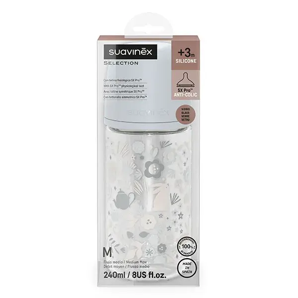 Suavinex, Wonderland, Biberon verre Tétine SXPro M - Wonderland Bleu - 240ml