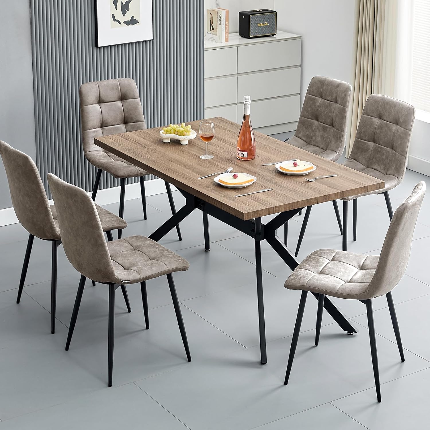 Essgruppen Esstisch mit 6 Khaki Stühlen,140 x 80 x 76 cm Rechteckig Esstisch aus Holz mit Esszimmerstühle mit technisches Tuch,für Küche Esszimmer und Wohnzimmer
