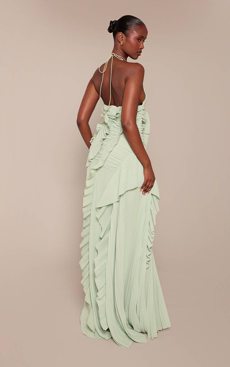 Vert Robe Maxi Plissée À Volants Et Col Licou