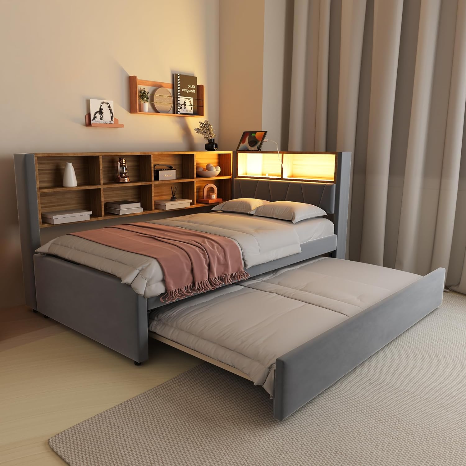 Polsterbett Einzelbett 90x200, Tagesbett Schlafsofa mit Ausziehbett&LED Licht&USB-Anschluss&vielen Ablagefächern, Bettgestell Gästebett Jugendbett mit Lattenrost, Flanell, Ohne Matratze, Dunkelgrau OX0194603