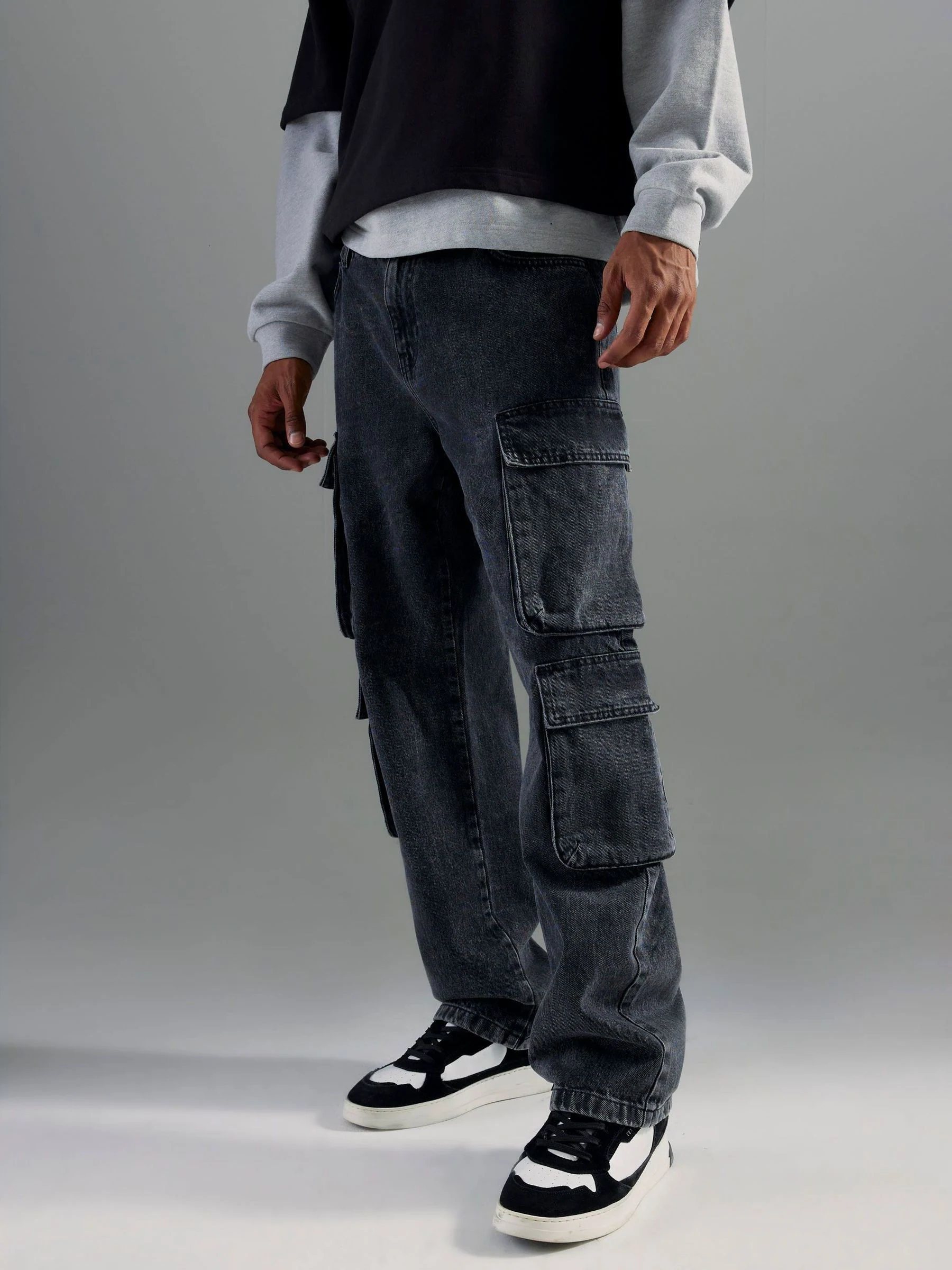 River Island Loose Fit Washed Denim Cargo Jeans