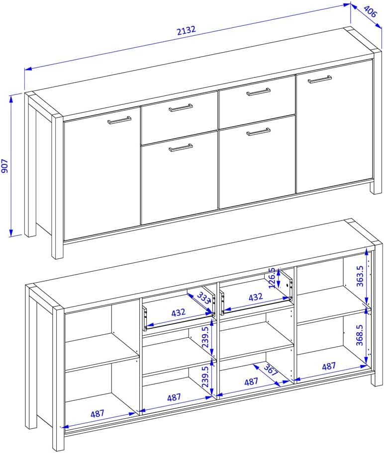 Lomadox Großes Wohnzimmer Sideboard in Taurus Eiche Nb. mit schwarzem Gestell, B/H/T: ca. 213/91/41 cm