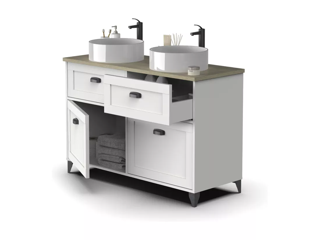 Meuble vasque pour salle de bain coloris blanc, chêne cambrian - L. 120 x L. 47 x H. 80 cm