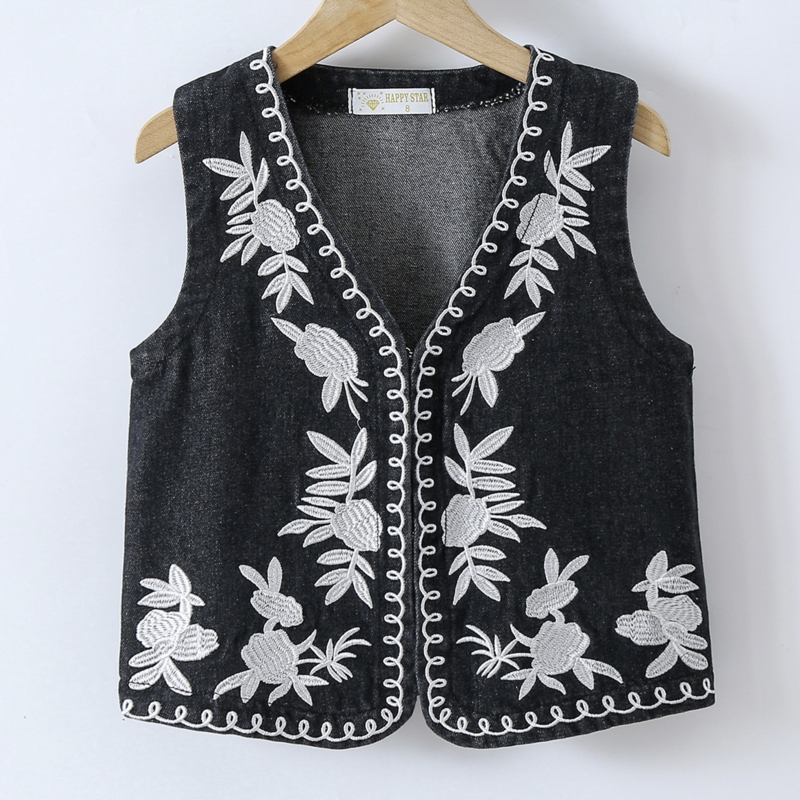 Boho Bloom Denim Gilet - zwart