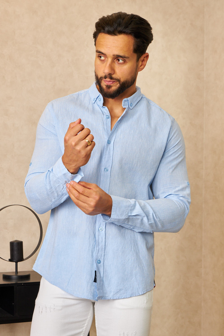 Chemise en lin bleue manches longues