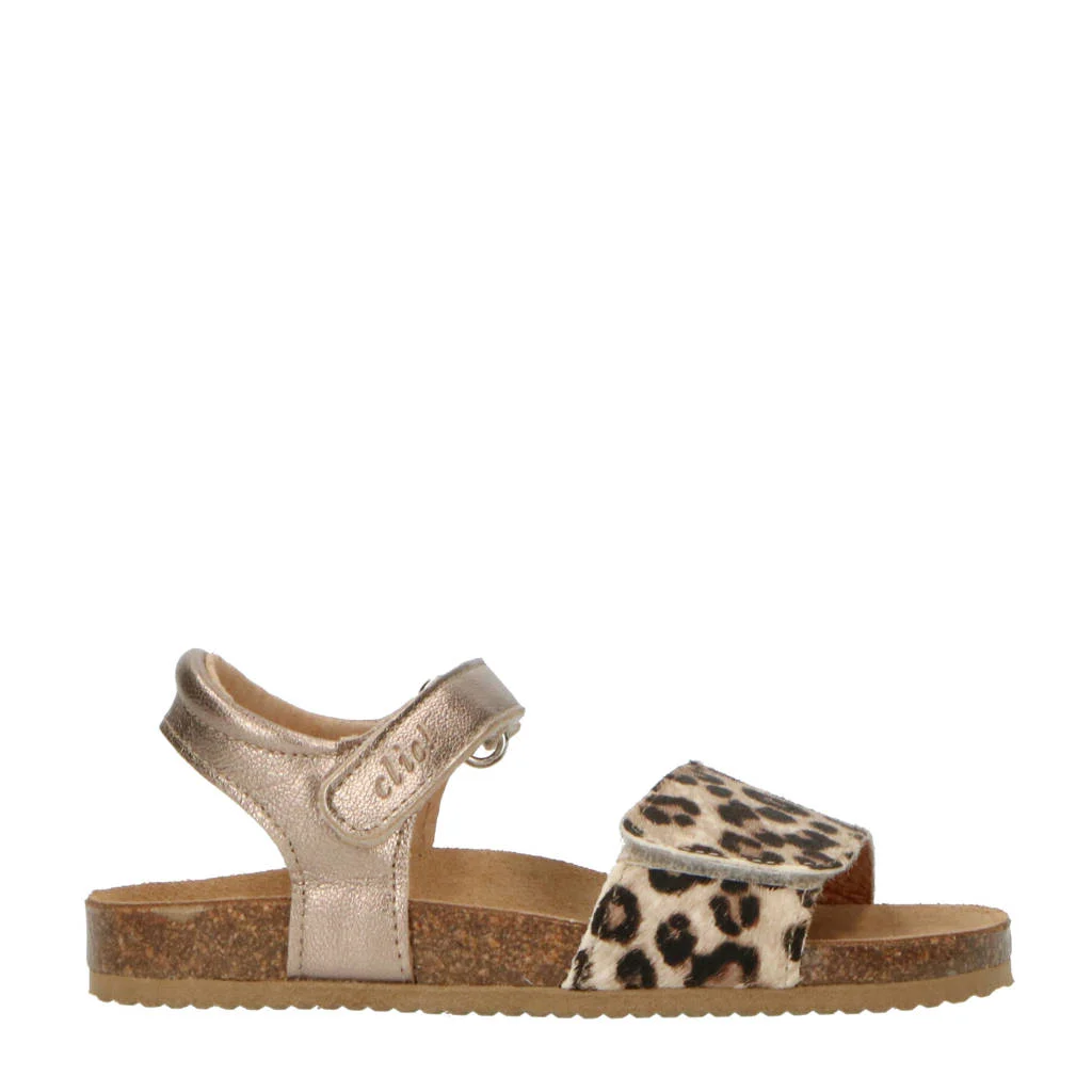 Clic! CL-Grassleren sandalen met panterprint goud