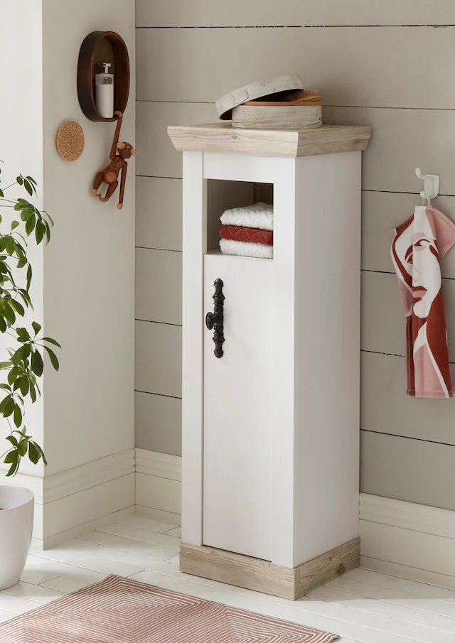 Home affaire Midischrank »Florenz, Badschrank im Landhausstil, Schrank mit Metallgriffen« in Pinie Weiss, offenes Fach und Stauraum hinter Drehtür