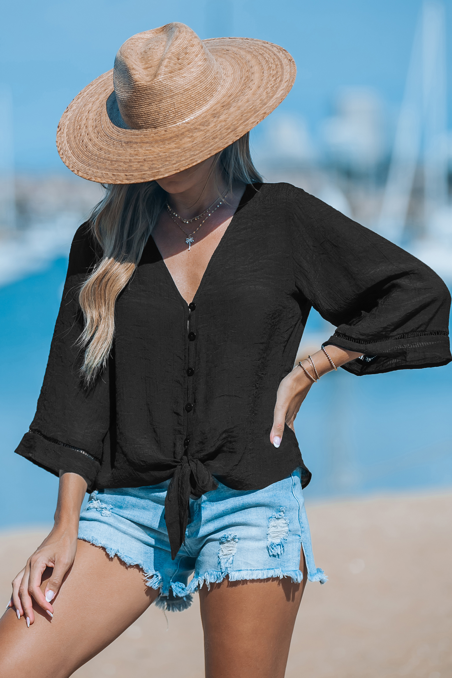 Haut cover up à manches évasées et taille à nouer noir