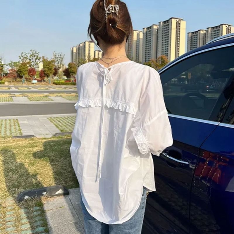 Inchioh - Blouse met ronde hals, ruches en elleboogmouwen