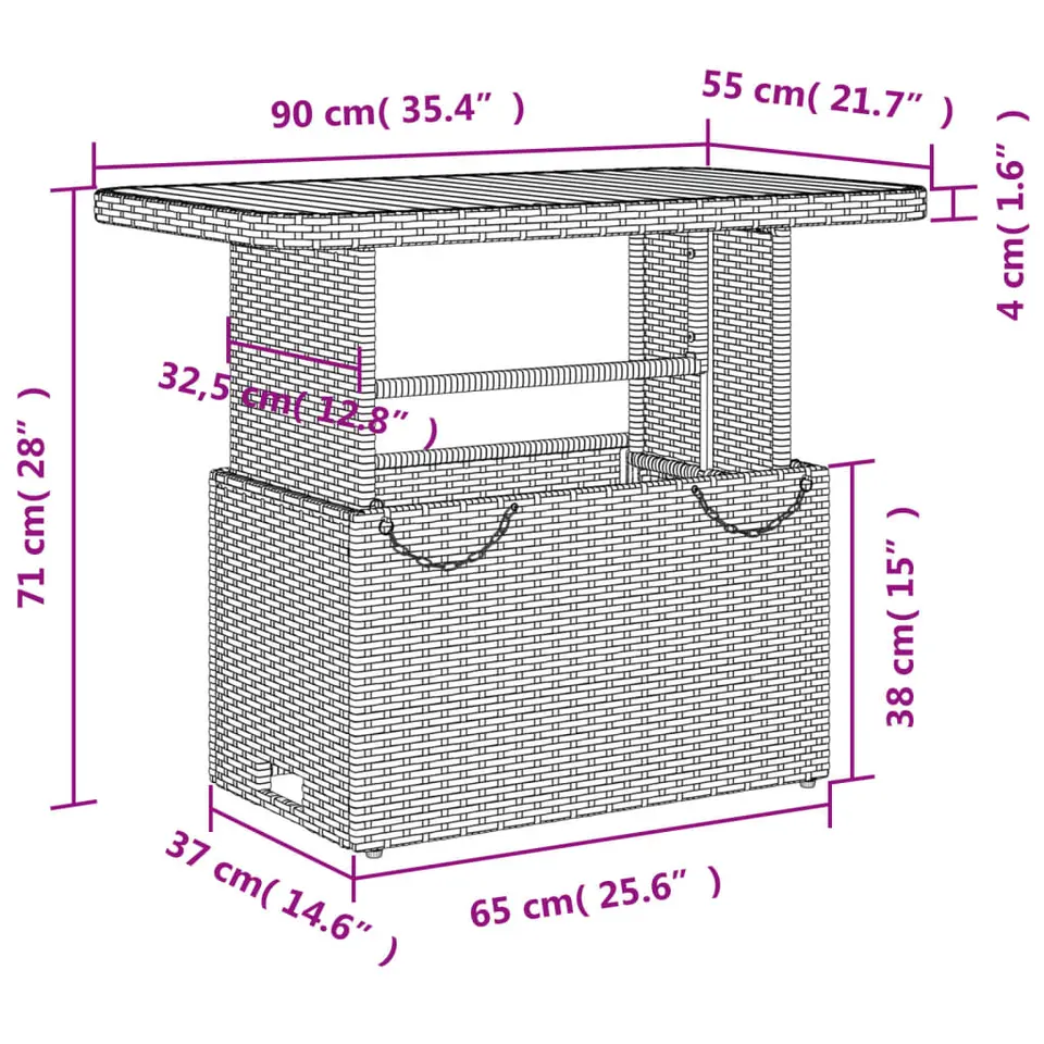 vidaXL - Tuintafel - Zwart - Poly rattan en Hout - 90 x 55 x 71 cm