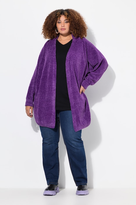 Chenille-Strickjacke, Oversized, V-Ausschnitt, offene Form