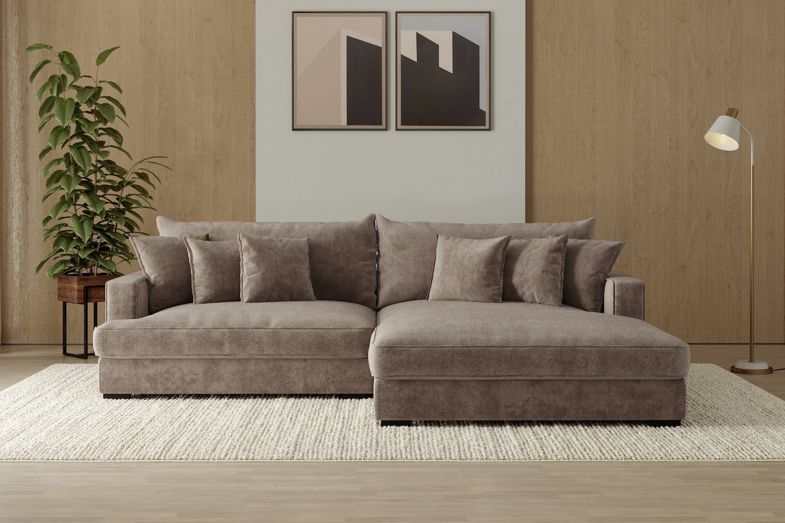 Rossi 2-seter med XL sjeselong høyre Tekstil Genesis 6 Mink, arm A med sorte ben. Std. Komfort.