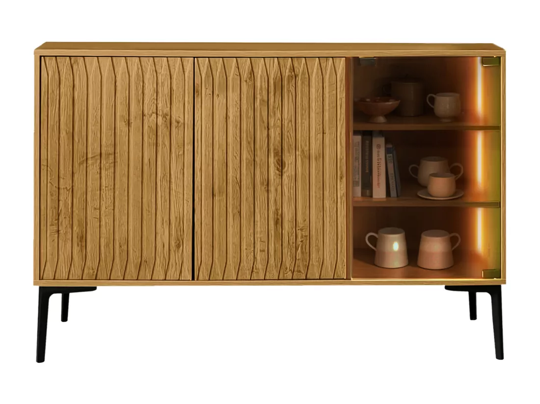 Buffet, meuble de salle de bain avec 3 portes - 120 x 35 x 80 cm - Bois MDF + verre - LEDs - Naturel