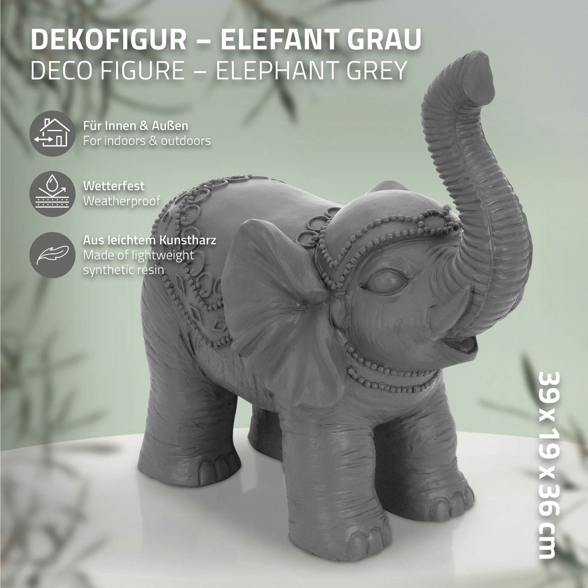 ML-Design Decoratief Olifantenbeeldje, Grijs, 36x19x39 cm, Oosterse Afwerking, Weerbestendig, Voor Binnen & Buiten, Geluks Olifantenbeeldje als Cadeau, Feng Shui Sculptuur, Rijkdomsbeeldje, Tuindecoratie, Kamerdecoratie