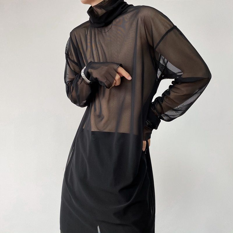 Bjorn - Lange mouwen coltrui doorschijnende mesh top