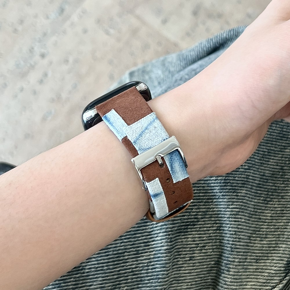 Apple Watch (49/46/45/44 mm) Leder und Jeans Patchwork Armband mit Dornschliesse (Gelenkumfang: 130 - 210 mm) - Braun / Blau