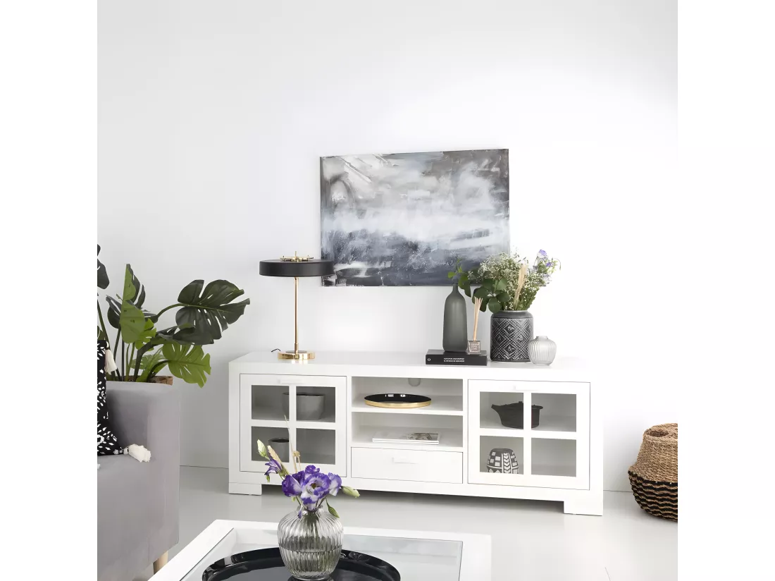 Meuble tv en bois massif blanc 160x60