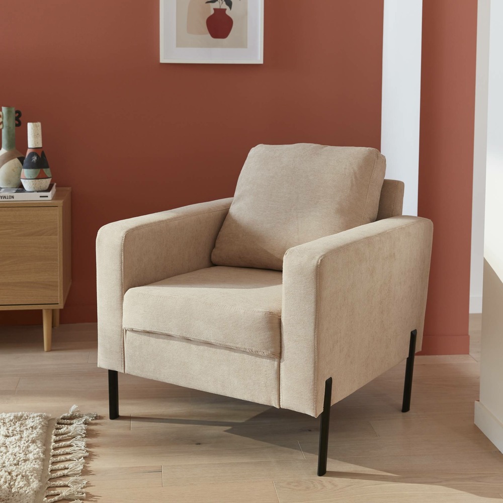 Fauteuil en velours côtelé beige - bjorn - canapé 1 place fixe droit pieds métal